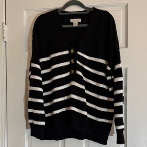 Rachel Zoe Black and White Striped Henley Sweater, Large